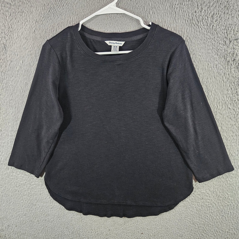Tommy Bahama Womens Medium Black 100% Cotton 3/4 Sleeve Slub Knit Top
